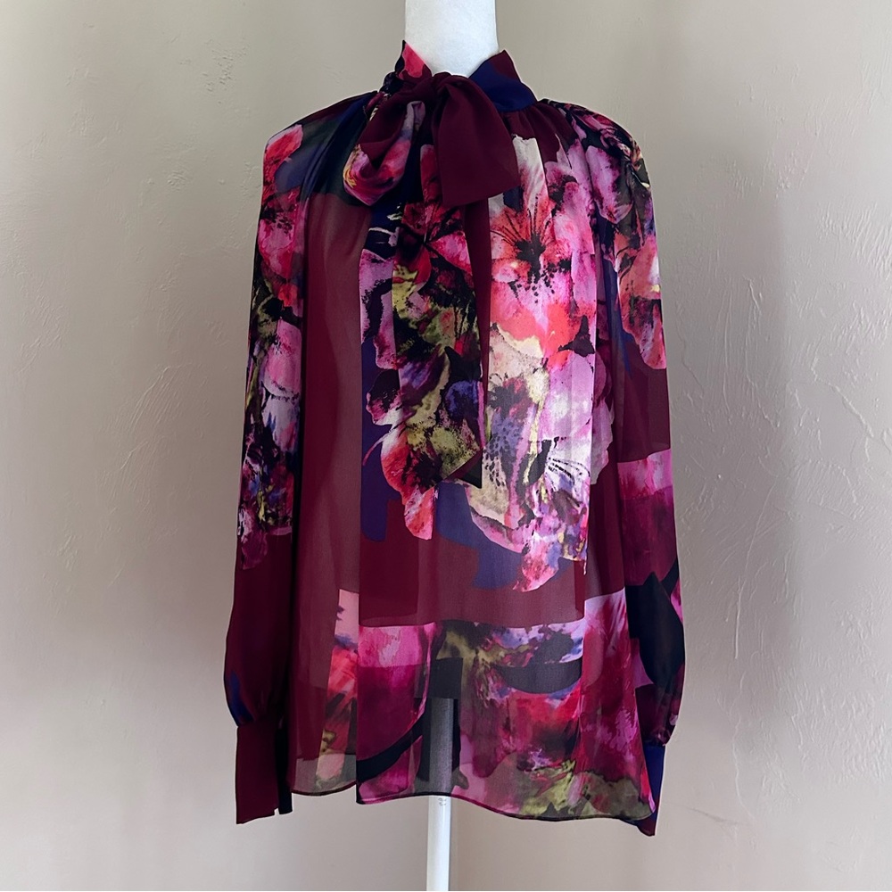 NWT Prabal Gurung Burgundy Maroon Multicolor Floral Chiffon Tie Neck Blouse 4